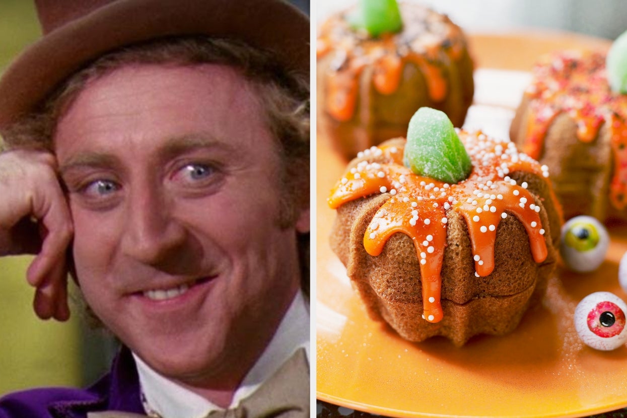 Left: Person wearing a top hat and bow tie, smiling warmly. Right: Pumpkin-shaped cupcakes with orange icing and candy eyes on a plate