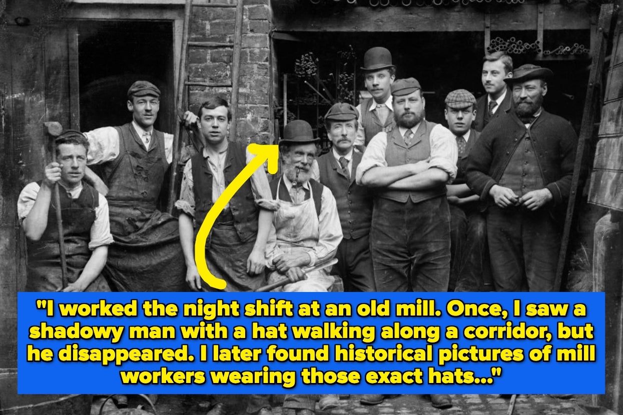 A vintage photo shows a group of mill workers posing outside. An arrow points to one worker in a hat. A text box narrates a mysterious mill story