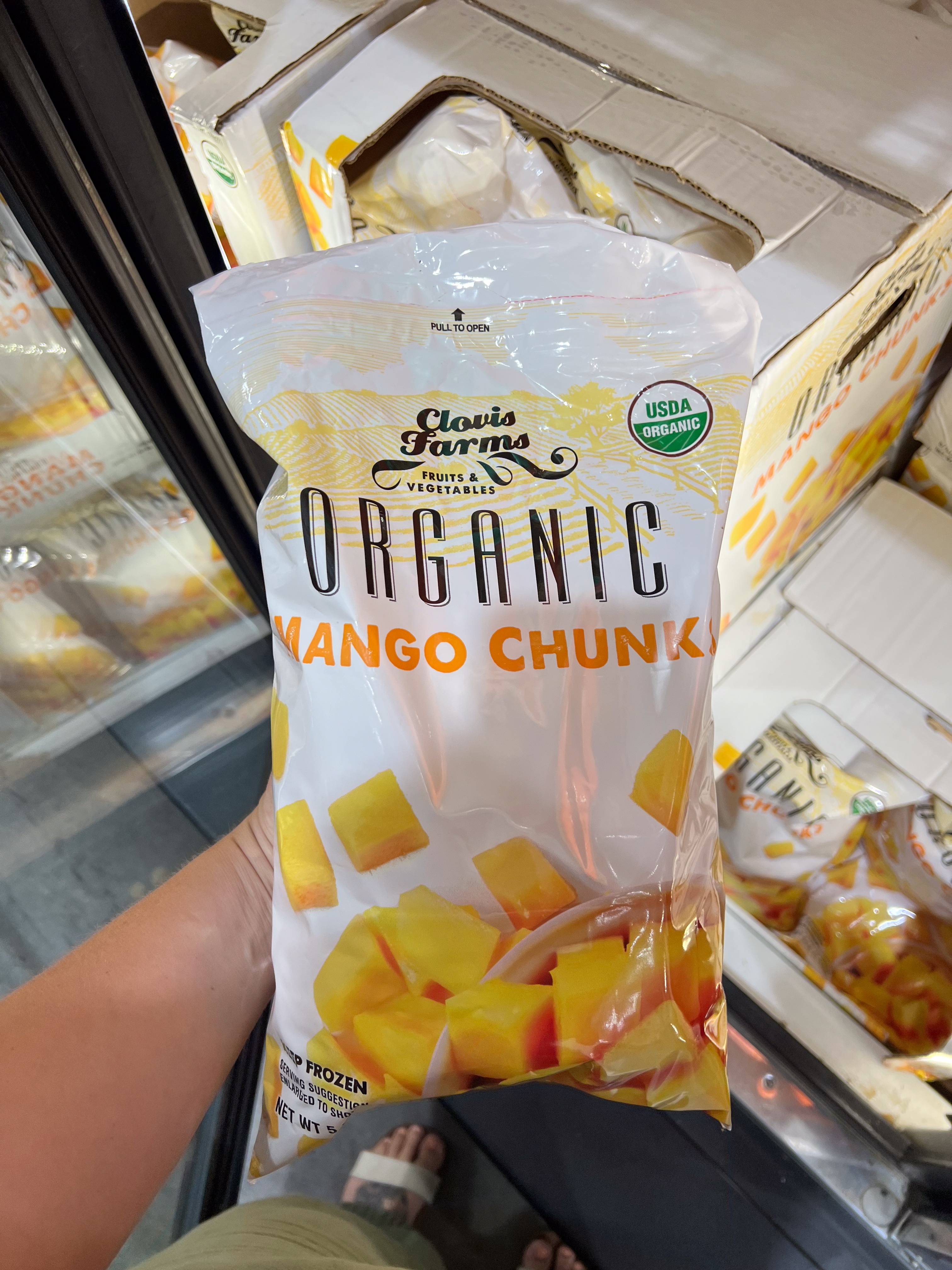 Bag of frozen organic mango chunks held in a person's hand, displayed in a grocery freezer