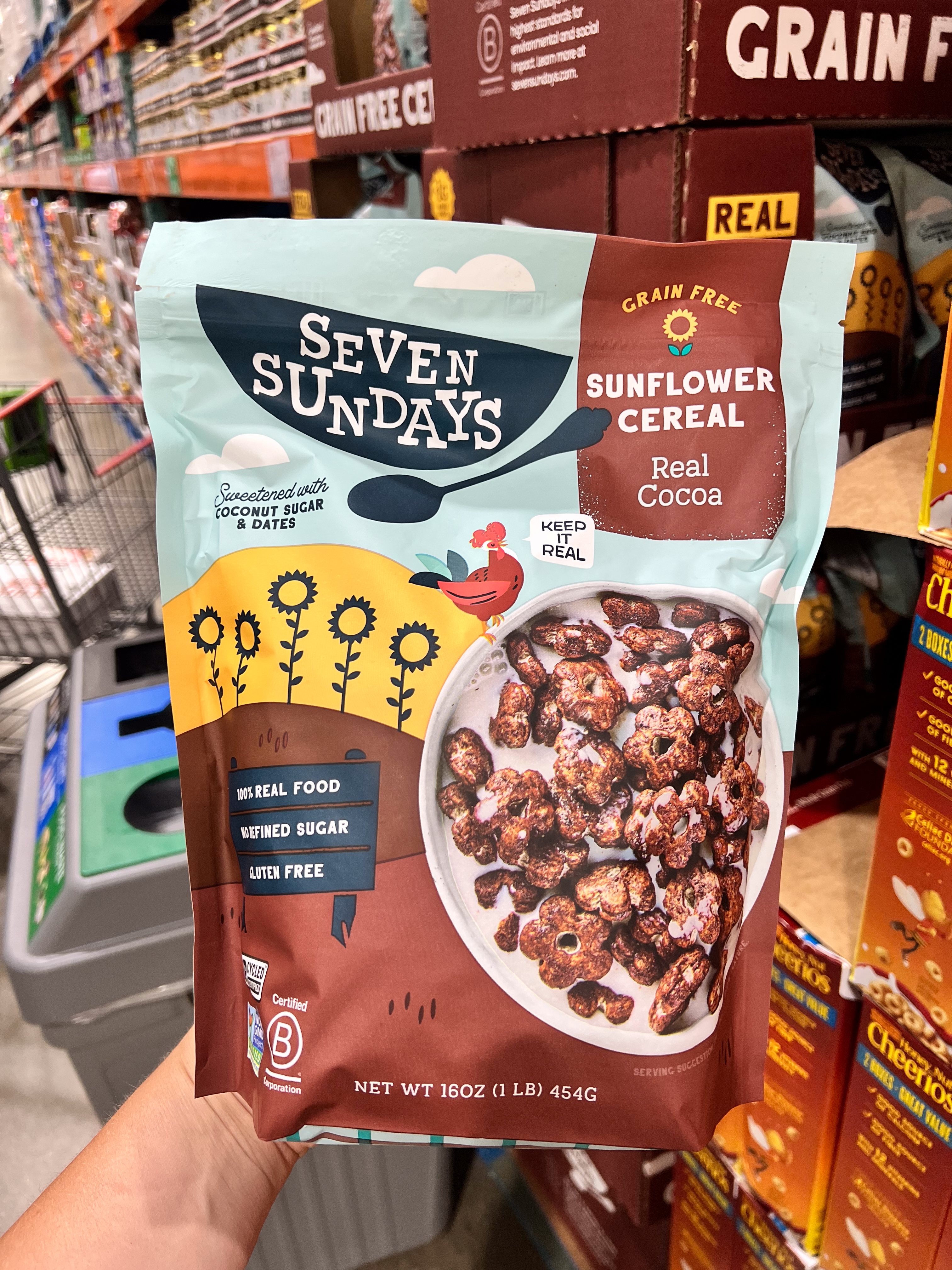 Bag of Seven Sundays Sunflower Cereal, Real Cocoa flavor, with coconut sugar and dates. Grain-free, gluten-free, and low sugar