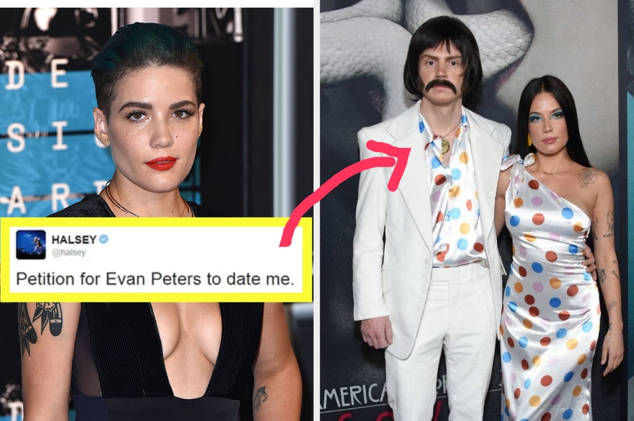 Halsey's tweet: "petition for Evan Peters to date me;" Halsey and Evan Peters on the red carpet