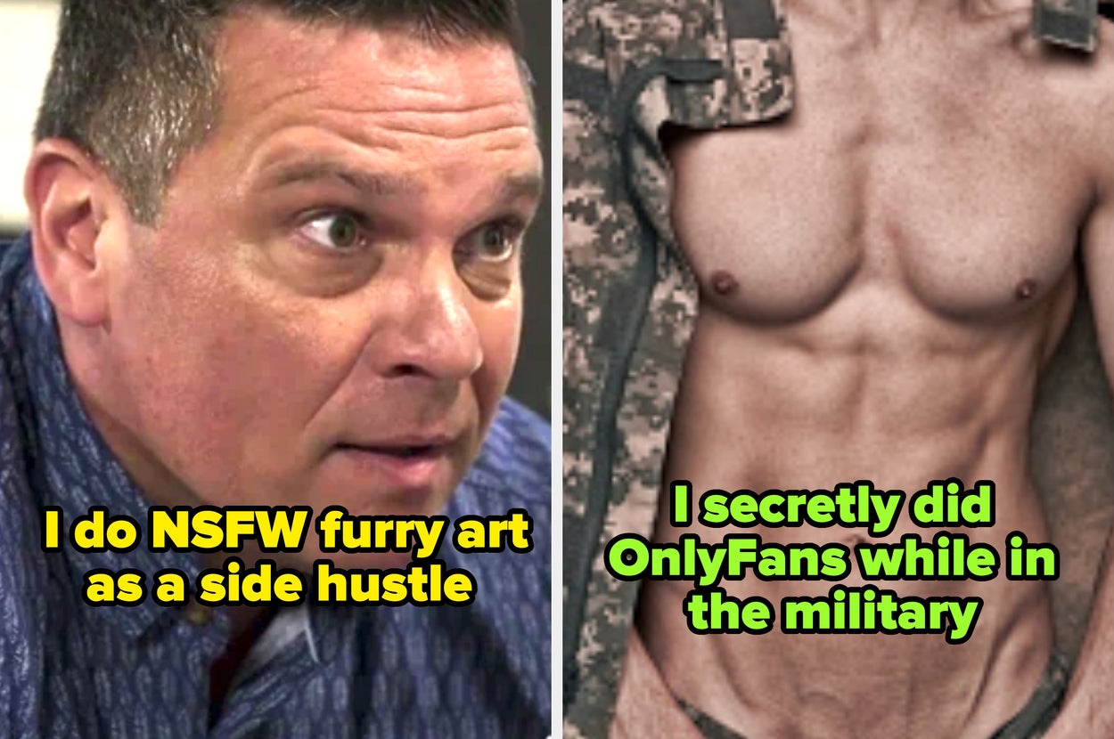Shocked man with text "I do NSFW furry art as a side hustle." A bare-chested man in camo with text "I secretly did OnlyFans while in the military"