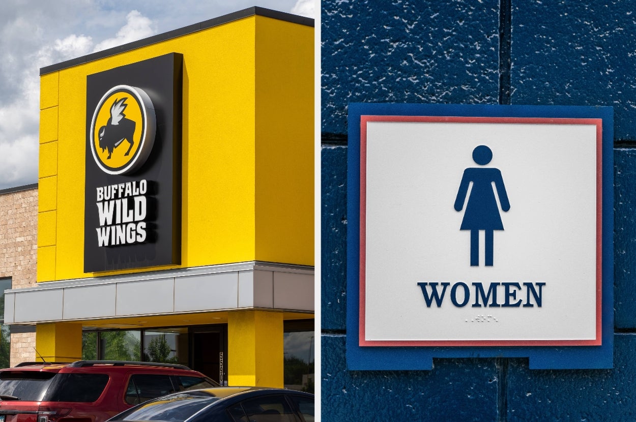 Buffalo Wild Wings restaurant exterior next to a women’s restroom sign