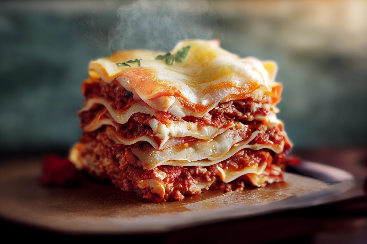 A delicious slice of lasagna with layers of pasta, rich meat sauce, and melted cheese, topped with a sprig of parsley, steaming on a plate