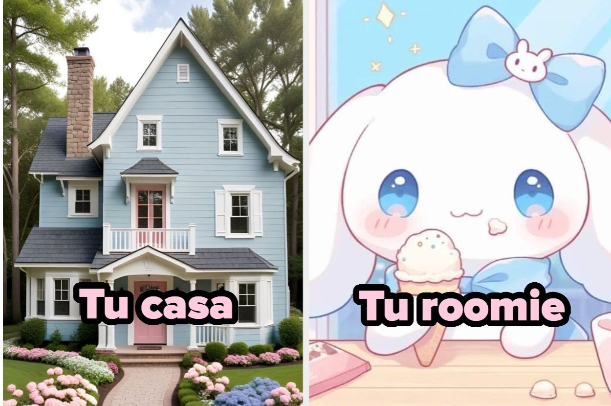 Left: A traditional home labeled "Tu casa". Right: A cute cartoon character with ice cream labeled "Tu roomie"