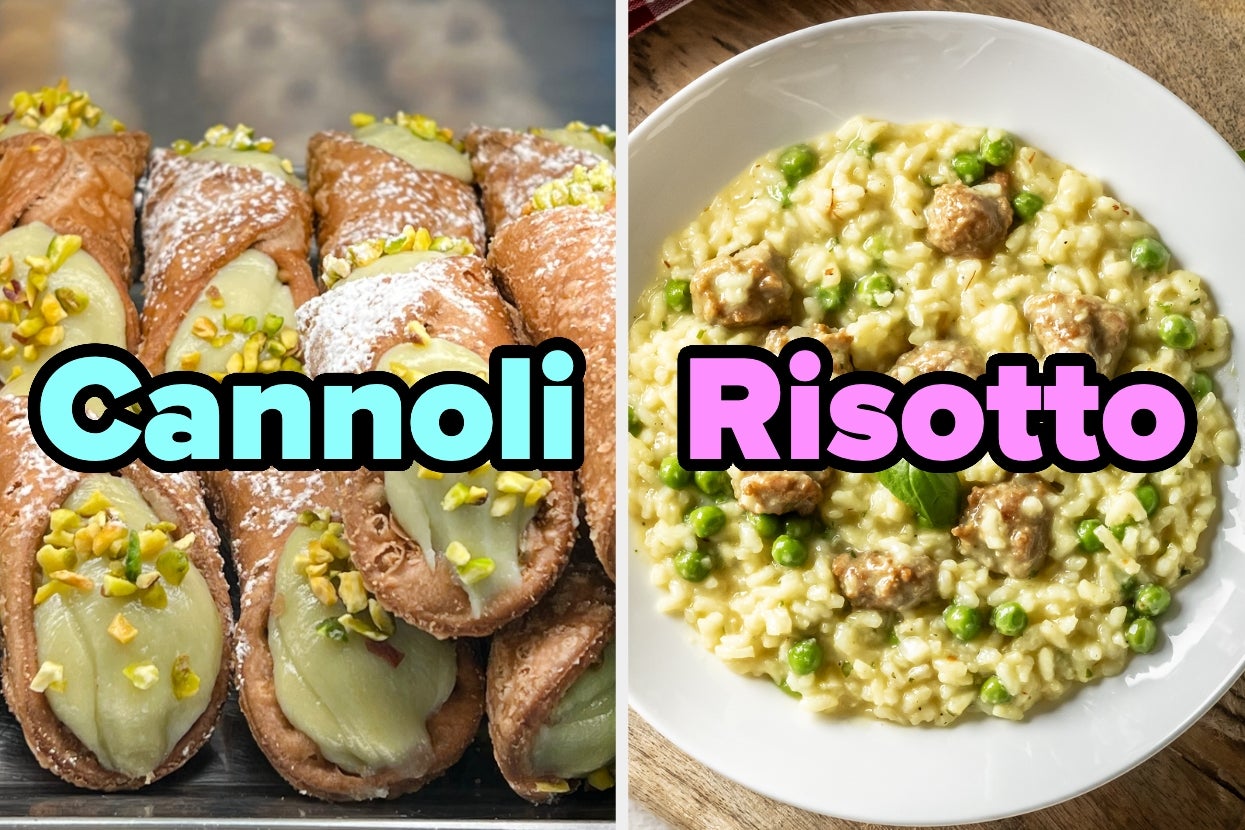 Cannoli on the left, filled with cream and pistachios. Risotto on the right, mixed with peas and small sausage pieces