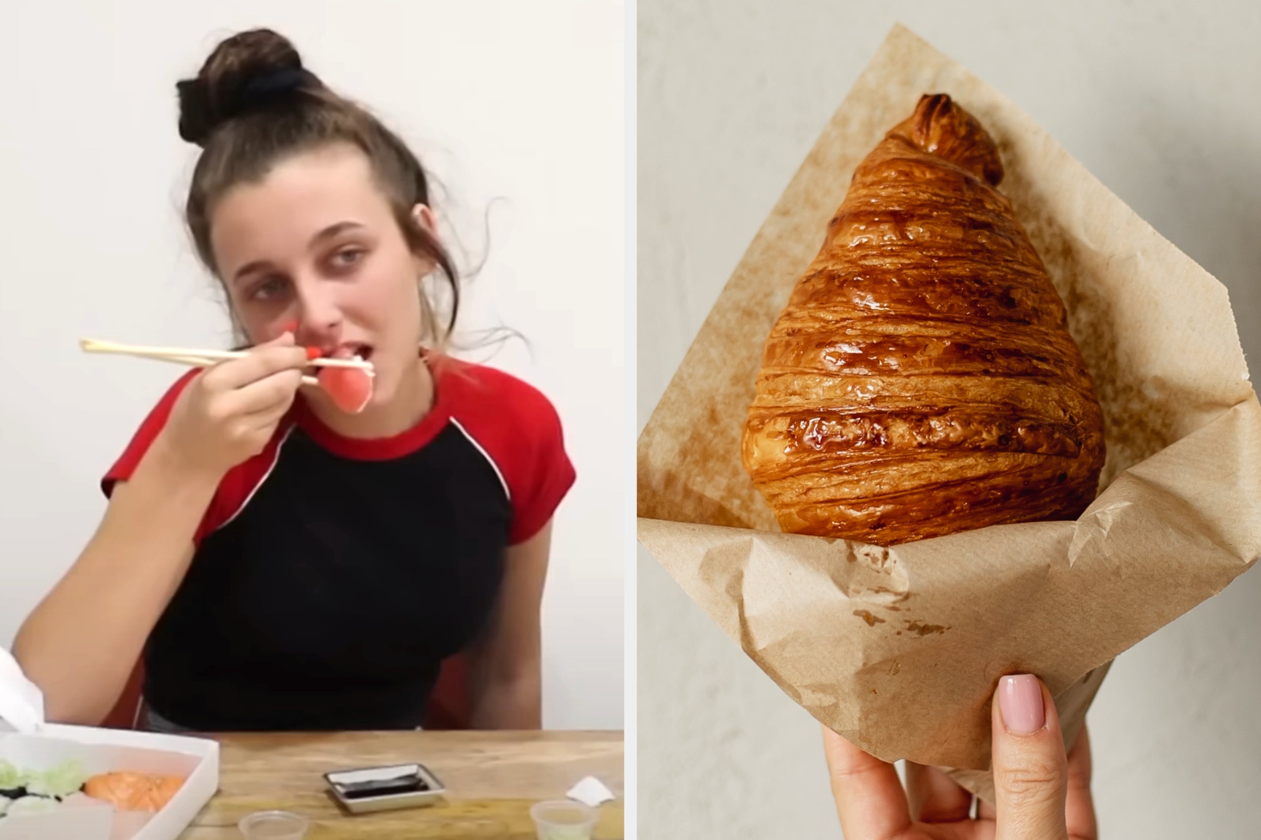 On the left, Emma Chamberlain eating sushi, and on the right, someone holding up a croissant