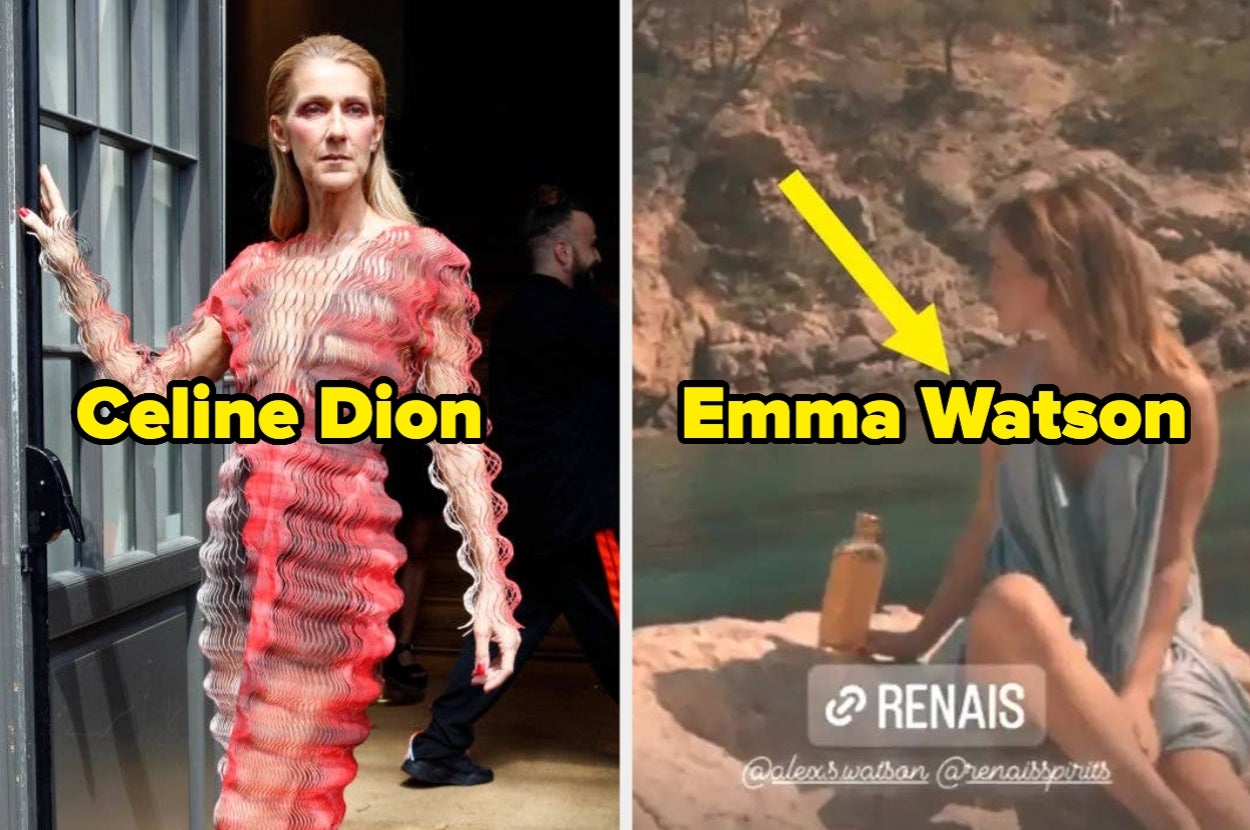 Two images: Left shows a person in a unique wavy dress. Right shows a person sitting by water, with an arrow pointing at them