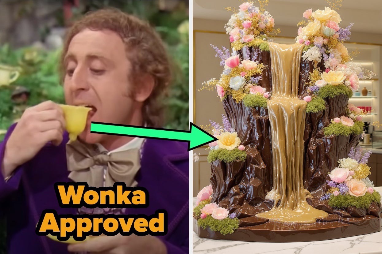 Man sipping from a teacup with a large chocolate cake decorated with flowers and a caramel waterfall. Text reads "Wonka Approved."