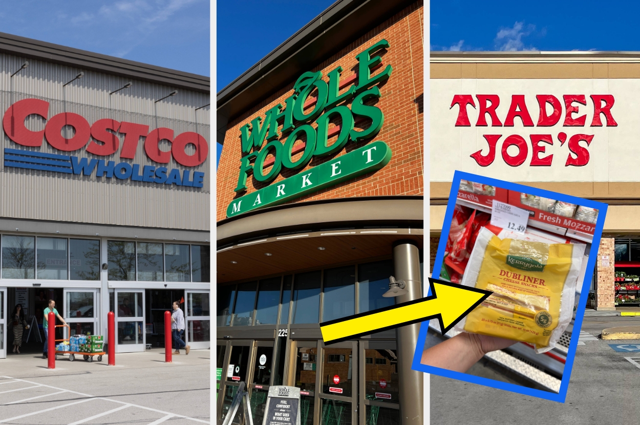 Collage of Costco, Whole Foods, and Trader Joe's store fronts with an inset of packaged cheese from Trader Joe's, highlighted by a yellow arrow
