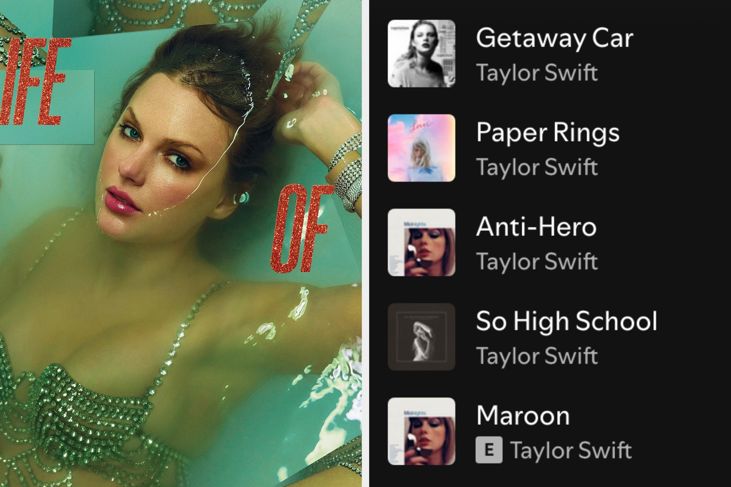 On the left, Taylor Swift submerged in water on the Life of a Showgirl album cover, and on the right, a Taylor Swift Spotify playlist