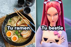 Imagen dividida: a la izquierda, un tazón de ramen con cerdo y huevos. A la derecha, personaje animado con gesto desafiante. Texto: "Tu ramen", "Tu bestie"