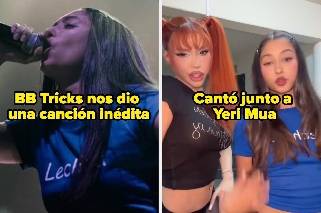 Dos imágenes: Izquierda, persona cantando en un concierto con camiseta de "Lec..."; Derecha, dos personas bailando, una en camiseta negra y otra en azul. Texto: "BB Tricks nos dio una canción inédita" y "Cantó junto a Yeri Mua"