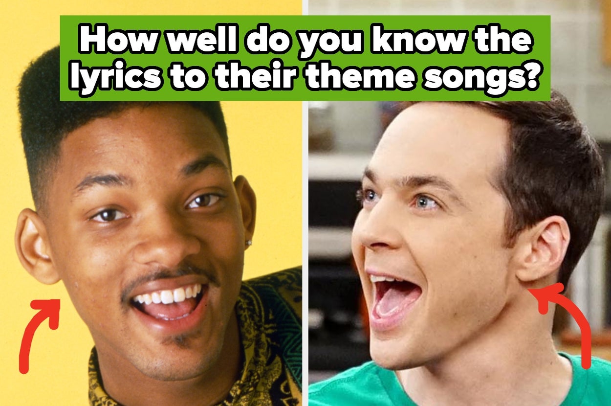 Two characters from popular TV shows with arrows pointing to them, posed next to text asking about knowledge of their theme song lyrics