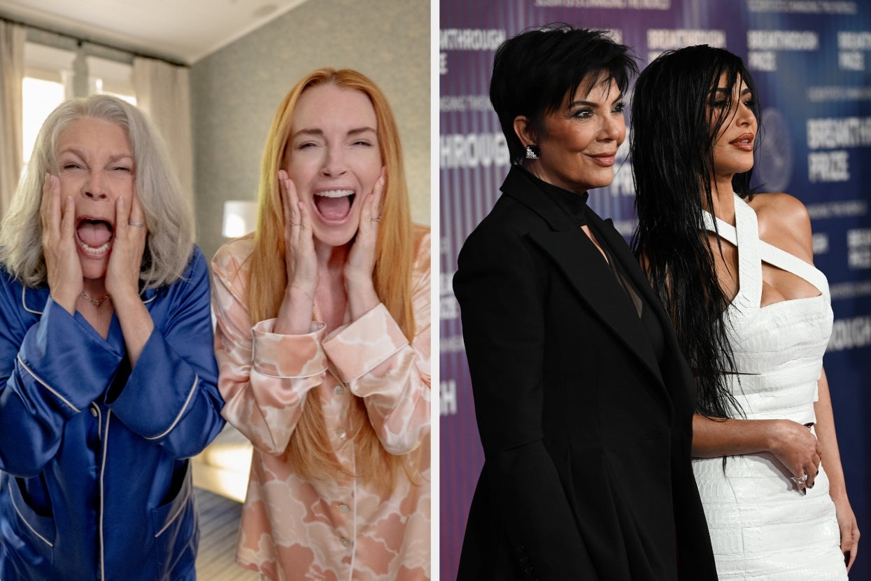 Left: Jamie Lee Curtis and Lindsay Lohan in "Freakier Friday," Right: Kris Jenner and Kim Kardashian