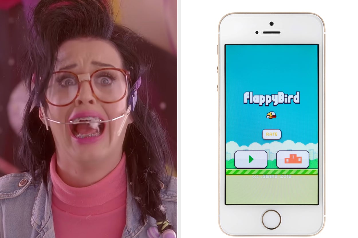 A person joyfully plays "Flappy Bird" on a smartphone, with the game's title screen displayed on another phone beside them