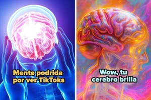 On the left, text reads "Mente podrida por ver TikToks" showing a dull brain; on the right, "Wow, tu cerebro brilla" depicting a vibrant brain