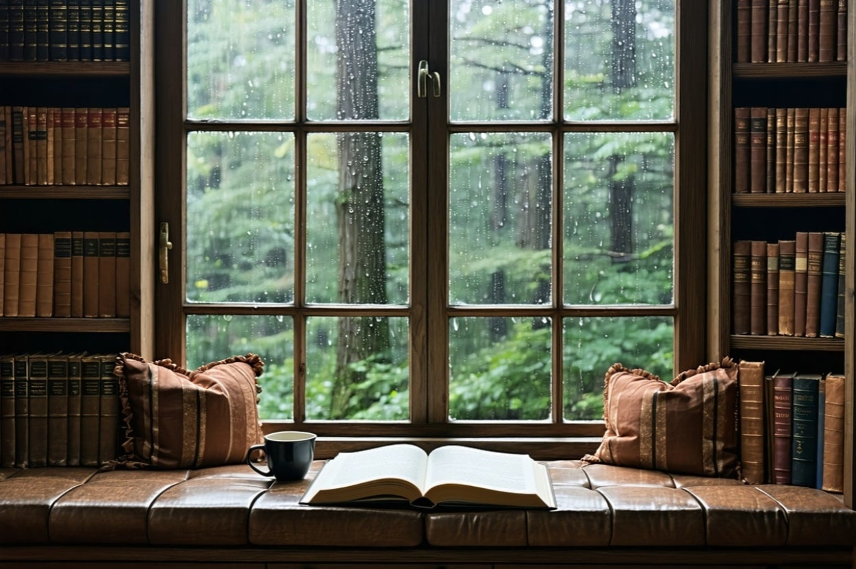 Cozy library nook with rain outside the window, open book and coffee mug on a leather bench surrounded by bookshelves