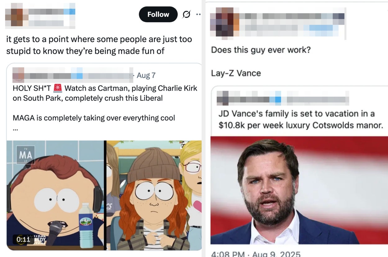 Screenshots showing tweets: 1. Clip from South Park mocking Charlie Kirk. 2. Criticism of JD Vance's vacation costs while questioning his work ethic