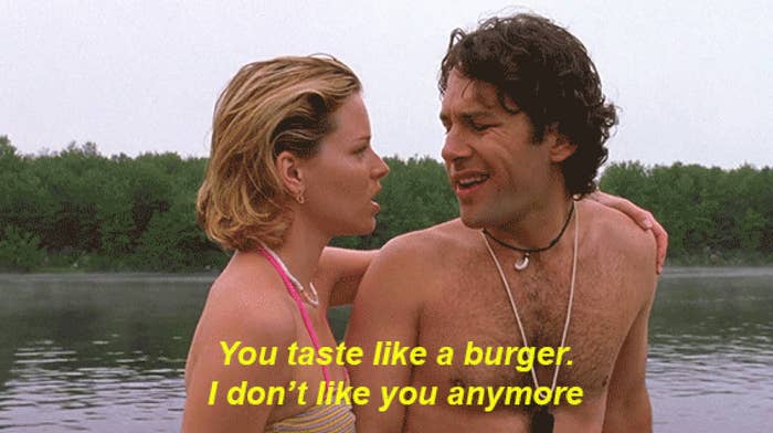 A pistillate tells a shirtless man, "You sensation similar a burger. I don't similar you anymore," by a lake. The country suggests wit and idiosyncratic tension