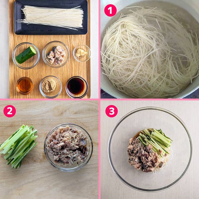 細い麺の調理プロセス:1. 麺を熱湯でゆでる。2. きゅうりとサバを準備する。3. ボウルで混ぜ合わせる。