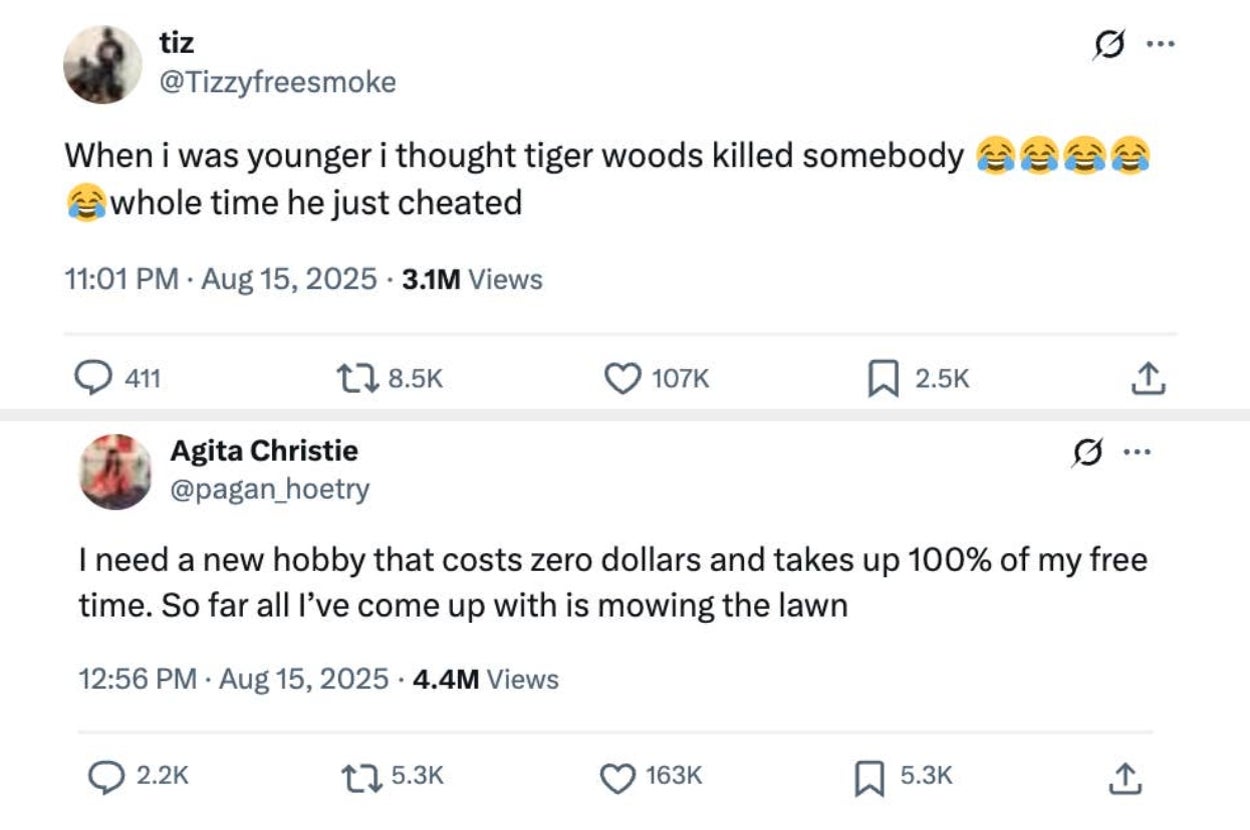 Two humorous tweets: One about a childhood misunderstanding involving Tiger Woods, another about needing a free time-consuming hobby, with lawn mowing mentioned