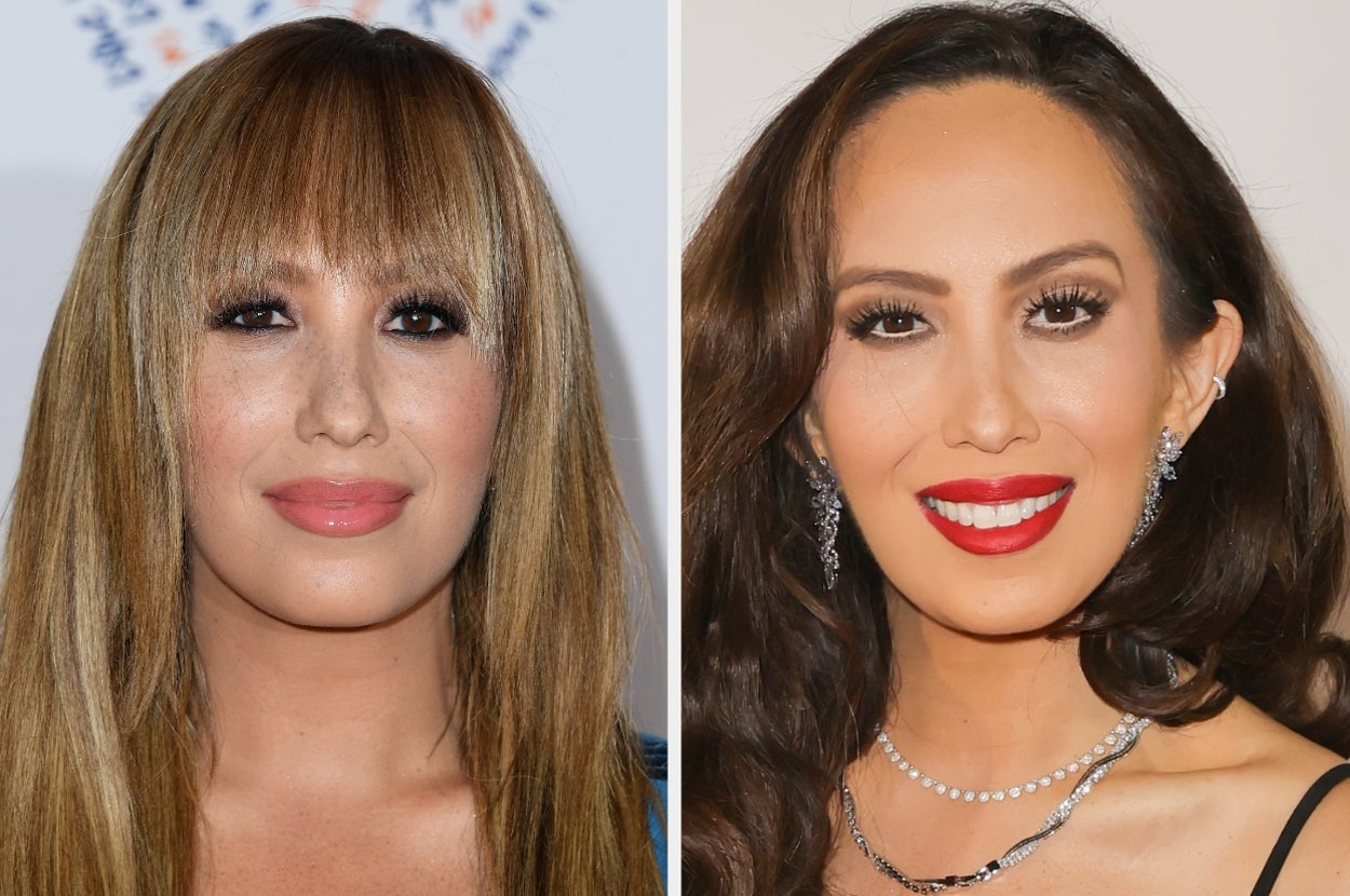 Two women on a red carpet. Left: straight hair, fringe. Right: wavy hair, red lipstick. Both wear elegant attire and statement earrings