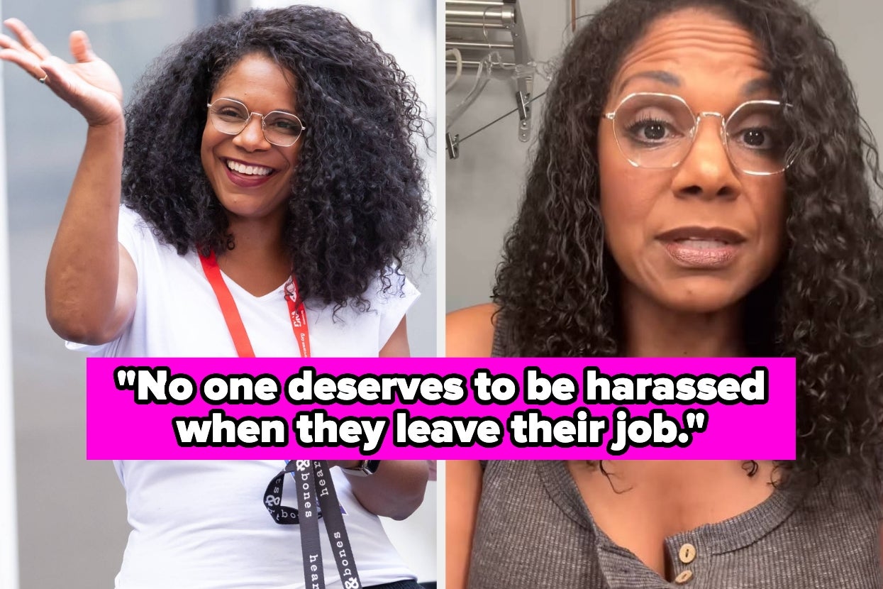 Woman with curly hair smiles and waves on the left; she wears glasses and addresses harassment in a video on the right. Text: "No one deserves to be harassed when they leave their job."
