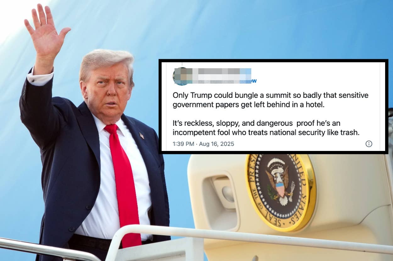 Person in a suit waves on airport steps; a tweet criticizes Trump for mishandling documents during a summit