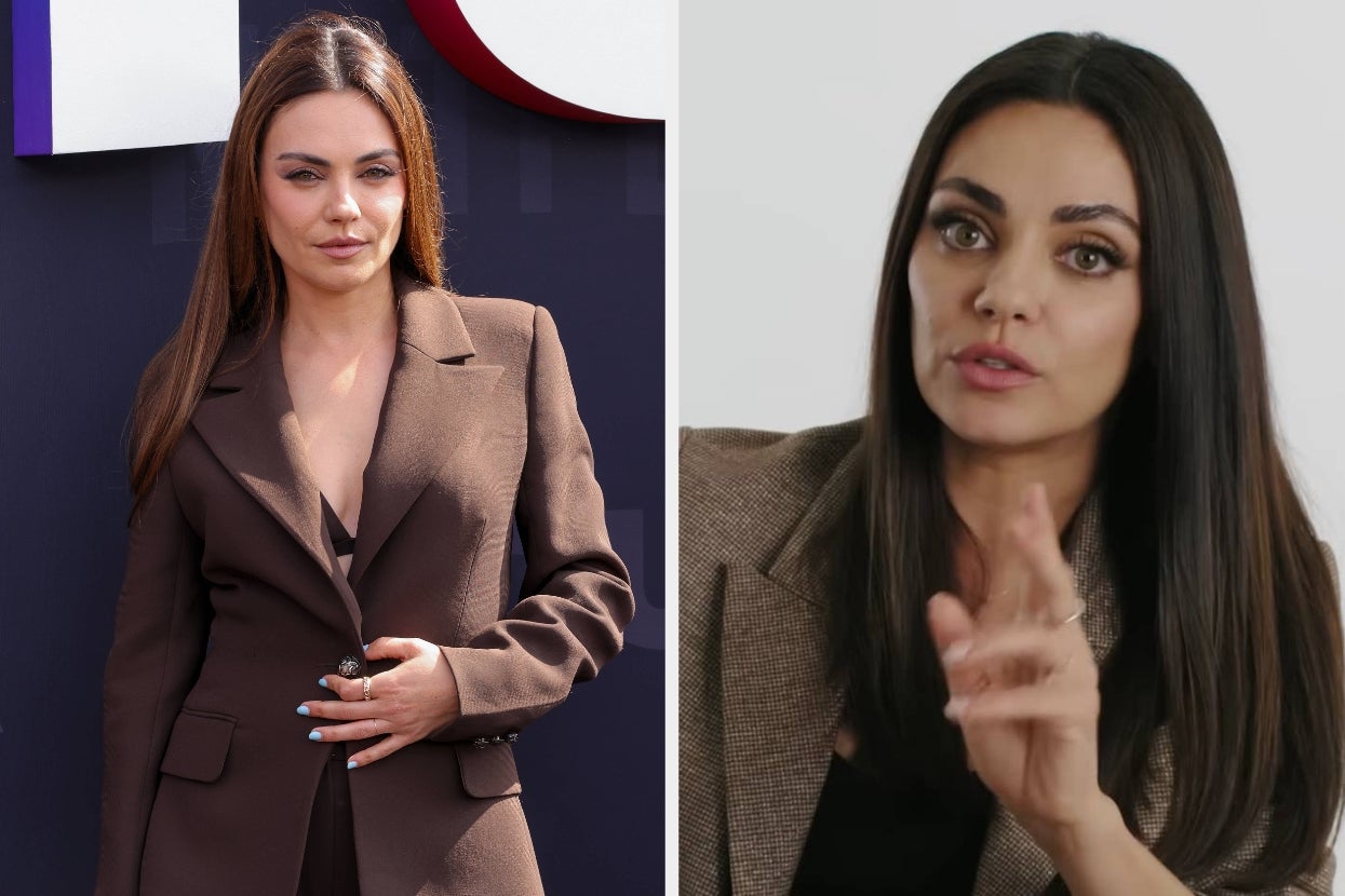 Mila Kunis in a suit on a red carpet vs Mila Kunis gesturing during an interview
