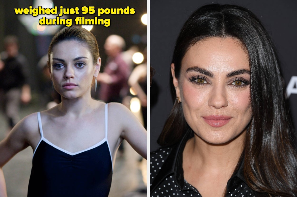 Mila Kunis in Black Swan wearing a tank top vs Mila Kunis at an event in a polka-dot outfit