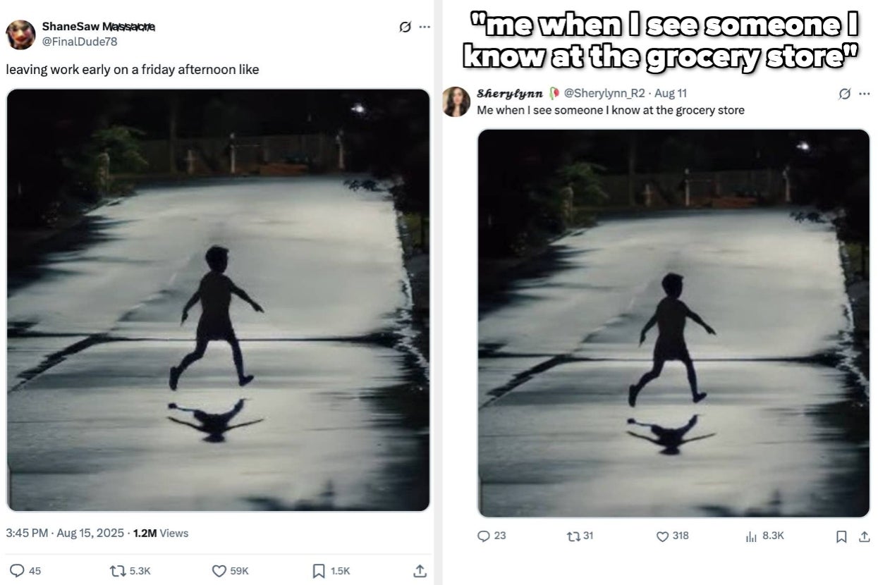 Two tweets featuring an image of a child joyfully running down a path