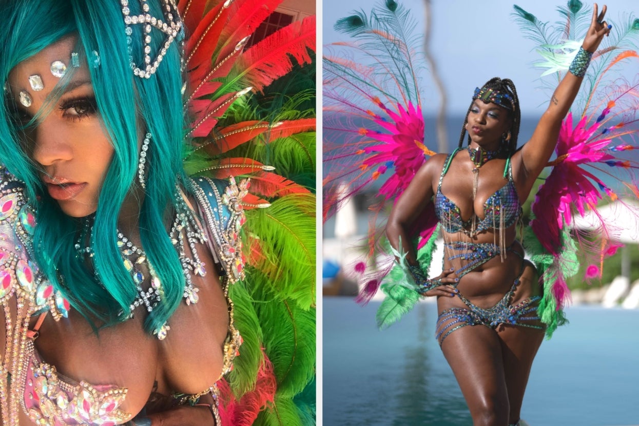 Two women in elaborate carnival costumes featuring vibrant feathers, sequins, and gems, posing confidently in festive settings