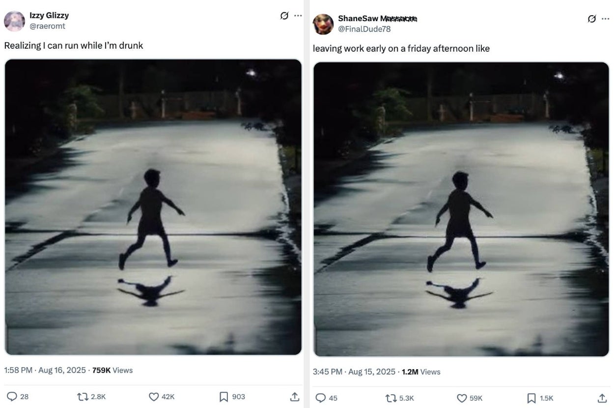 Two tweets with identical images of a person running, each with humorous captions about running while drunk and leaving work early