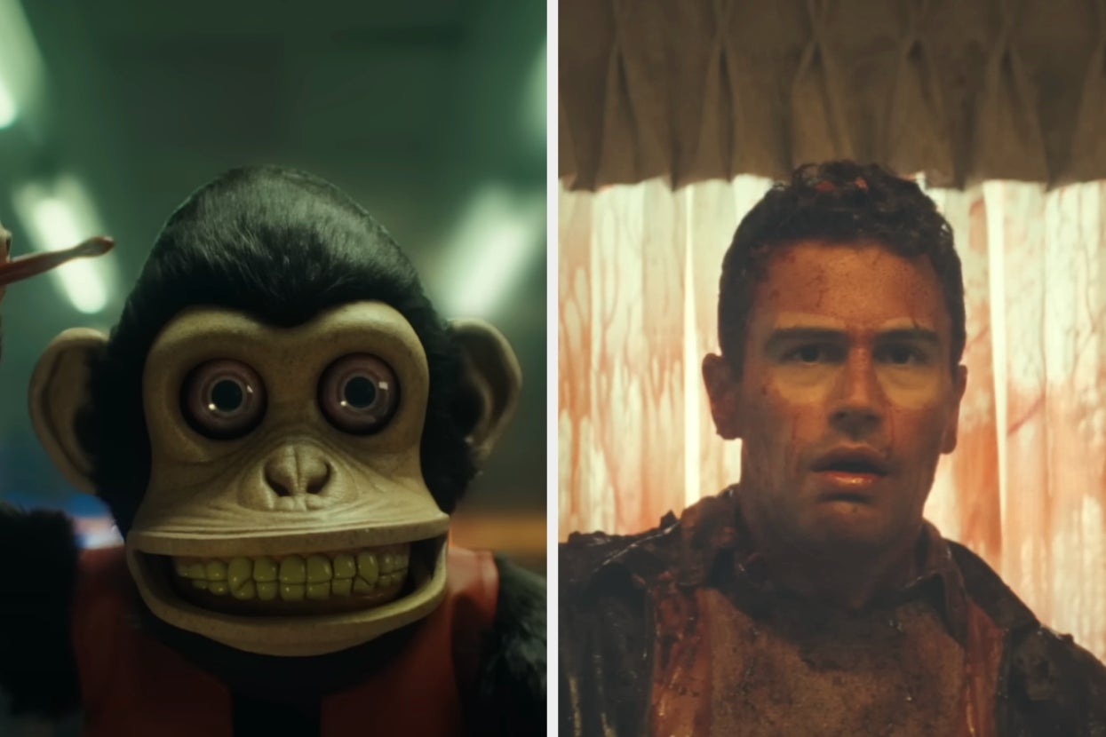 Left: Close-up of a toy monkey with cymbals. Right: A man, splattered in blood, looks shocked. Scene from a movie