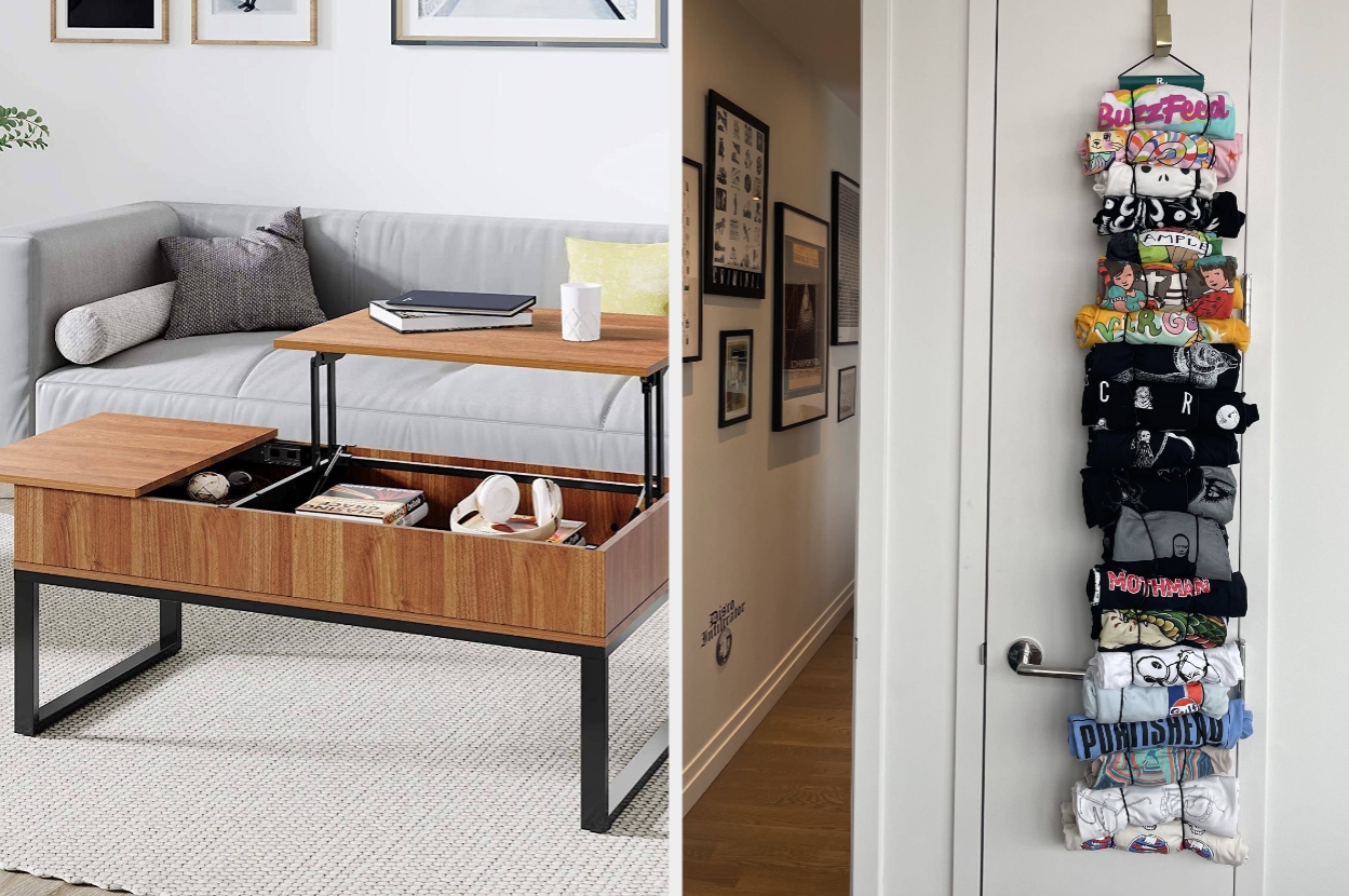 Two images: A lift-top coffee table with storage in a modern living room; door organizer holding rolled graphic tees