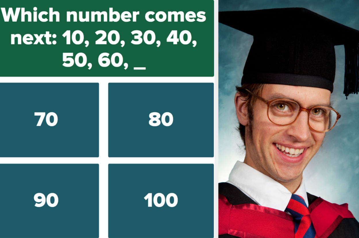Multiple choice math question asking for the next number in a sequence: 10 to 60. Options: 70, 80, 90, 100. Image of smiling graduate