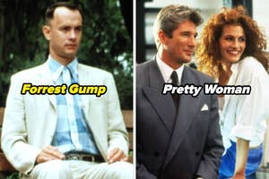 Split image of Tom Hanks in "Forrest Gump" and Richard Gere, Julia Roberts in "Pretty Woman." Text overlays of each movie title are featured.