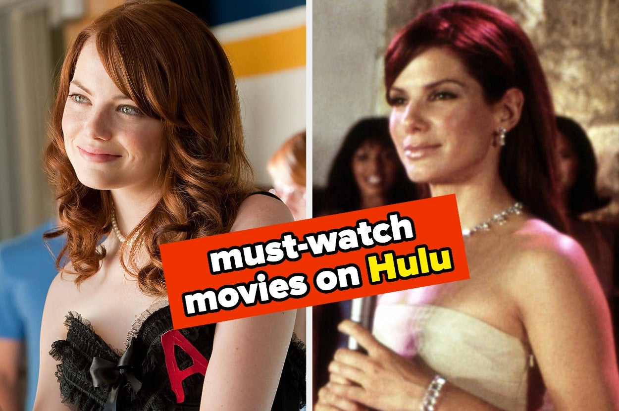 Split image of Emma Stone in "Easy A" and Sandra Bullock in "Miss Congeniality." Text: "must-watch movies on Hulu"