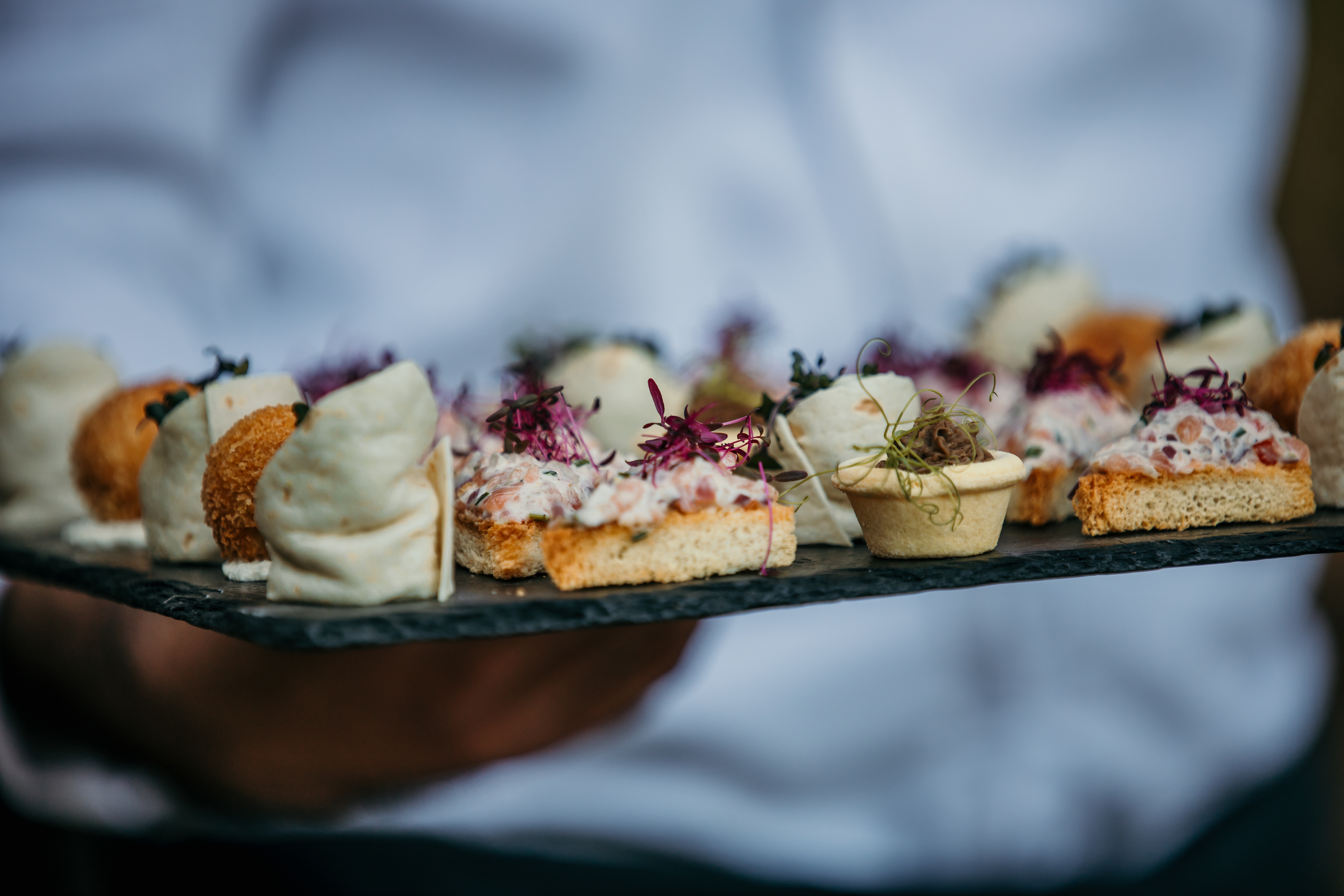 A person holds a tray with assorted gourmet appetizers, including canapés and rolled bites, garnished with microgreens