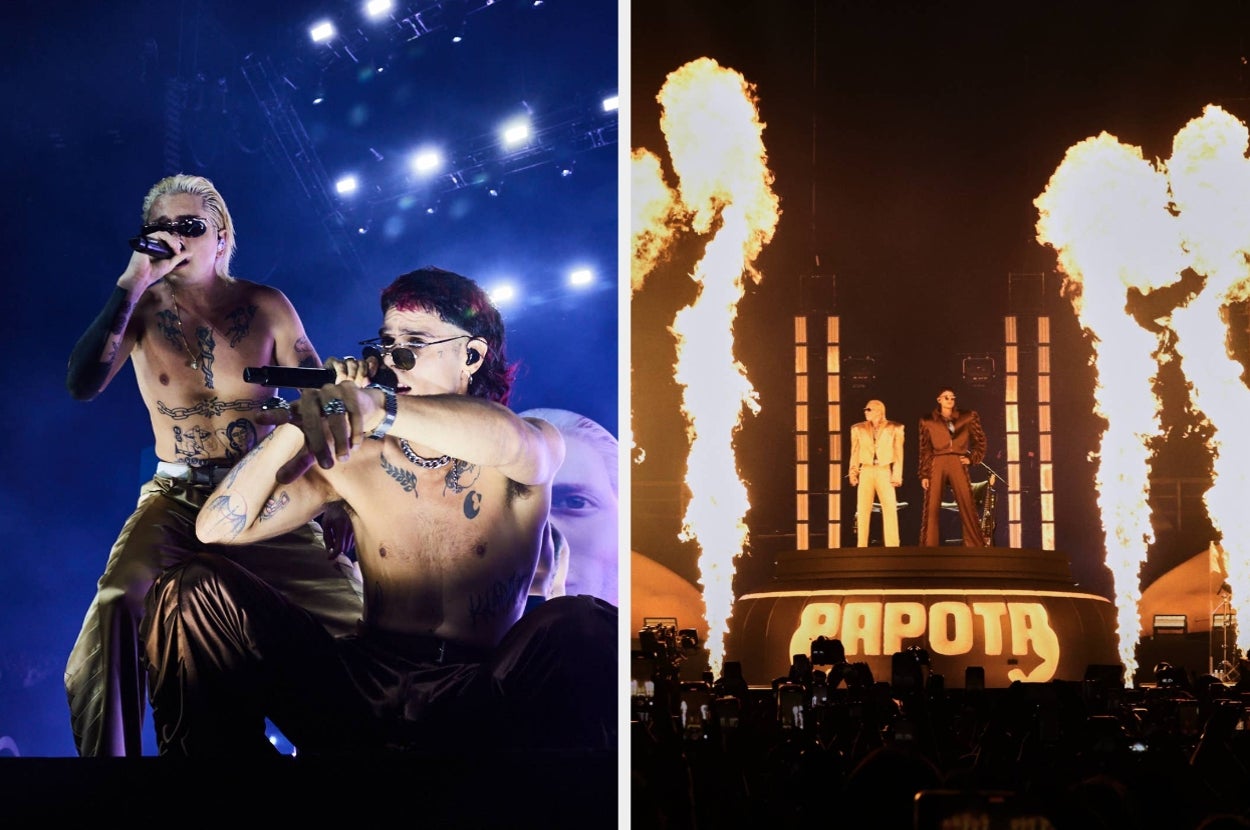 Dúo musical en concierto, ambos con atuendos brillantes y sin camisa. Escenario espectacular con efectos pirotécnicos y "RAPOTA" destacado