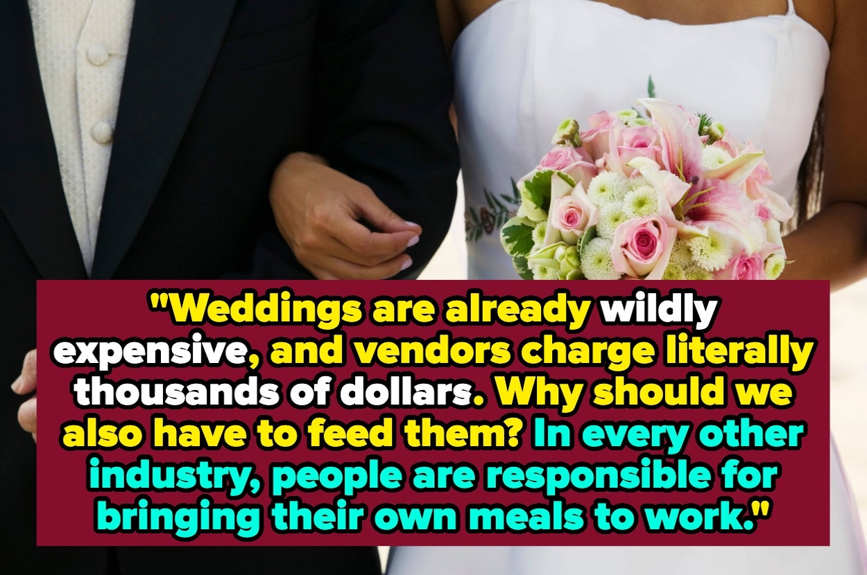 A bride and groom stand together. Text overlay questions providing meals for vendors due to wedding costs and compares it to other industries