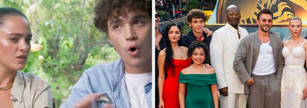 Two-part image: Left shows a conversation with two people. Right shows a group on a red carpet; women in elegant dresses, men in suits