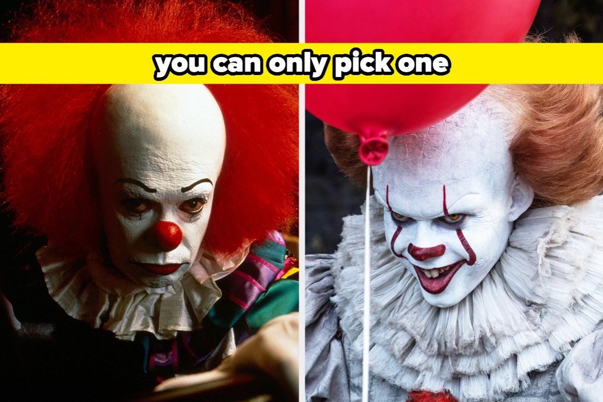 Split image of Tim Curry and Bill Skarsgård as Pennywise. Text: "you can only pick one"