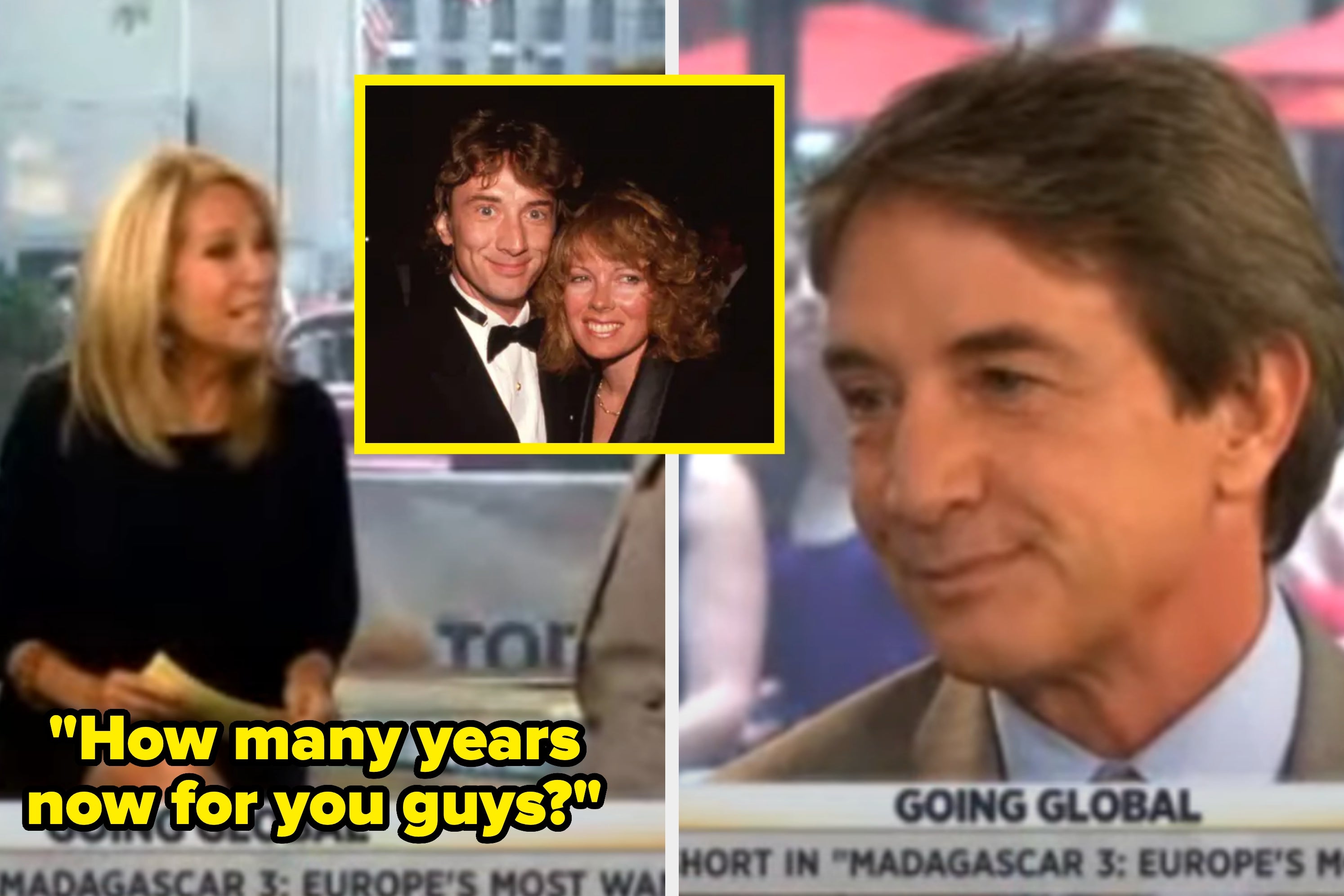 A man and a woman are shown in a red carpet photo. In a talk show, another man smiles as the text reads, "How many years now for you guys?"