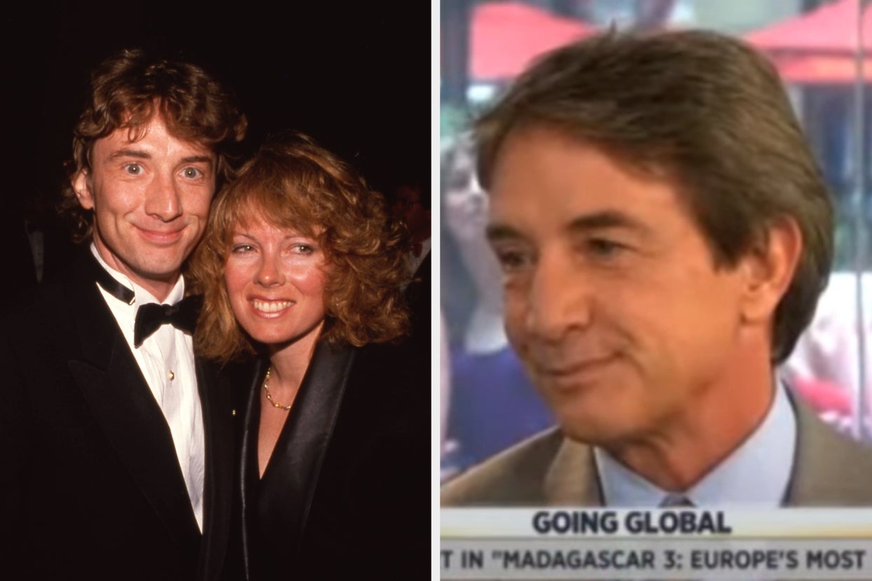 Two images: Left, a couple at an event. Right, a man in a suit is being interviewed on TV