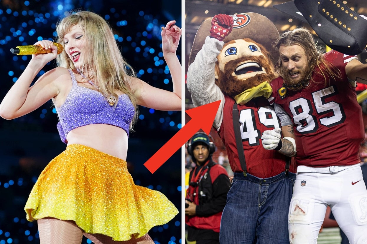 Celebrity performs on stage in a sparkly outfit; an NFL mascot and player celebrate on the field