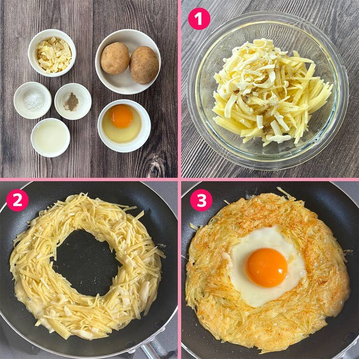 じゃがいもを使った料理の調理手順。ボウルに材料を混ぜ、フライパンで焼いて中央に卵を落とし完成。