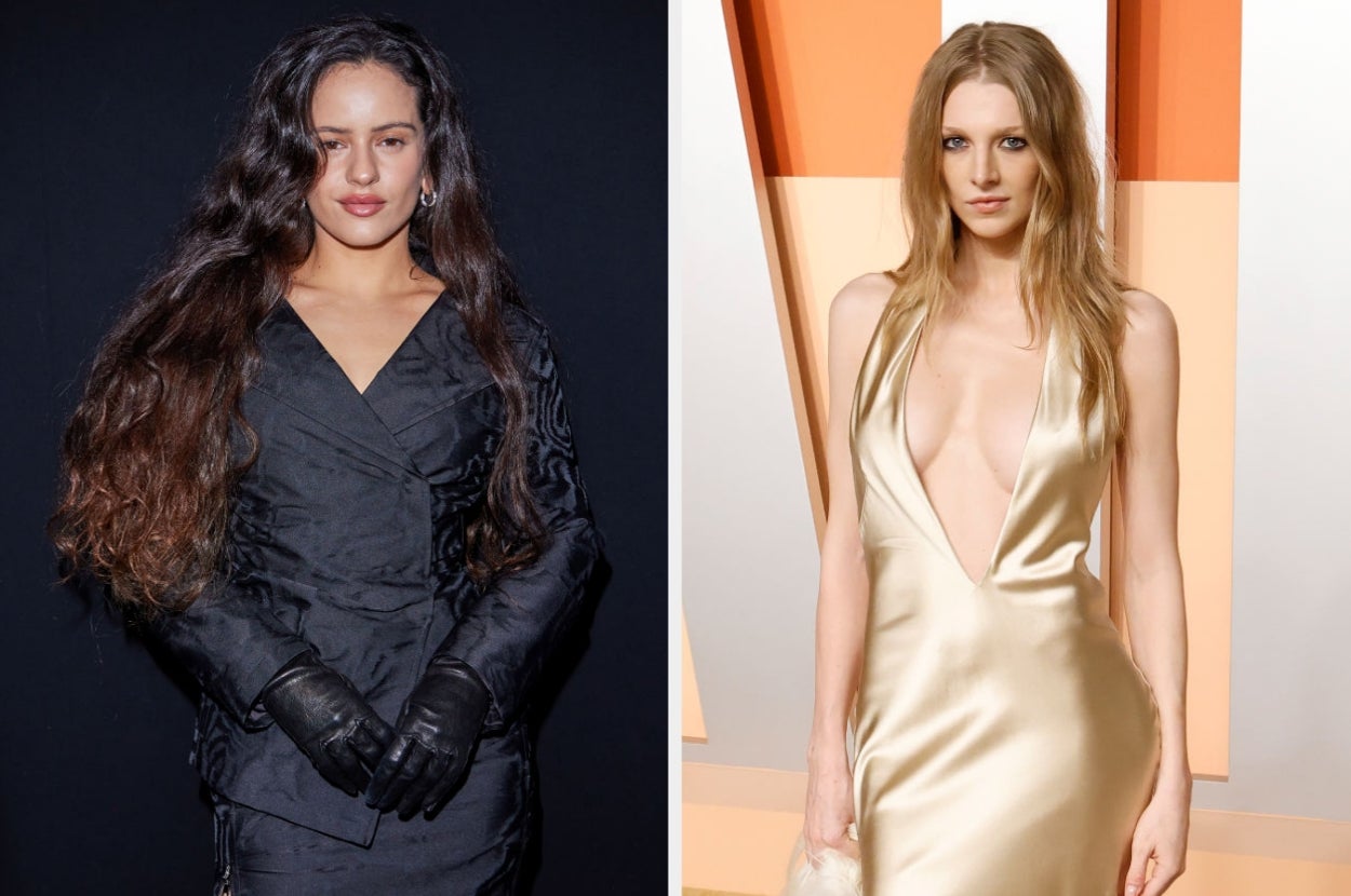 Two celebrities; one in a fitted black outfit with gloves, the other in a plunging satin dress