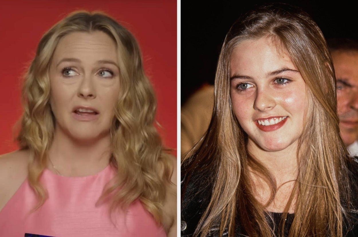 Left: Alicia Silverstone pulling an expressive face mid-interview. Right: Young Alicia at an event